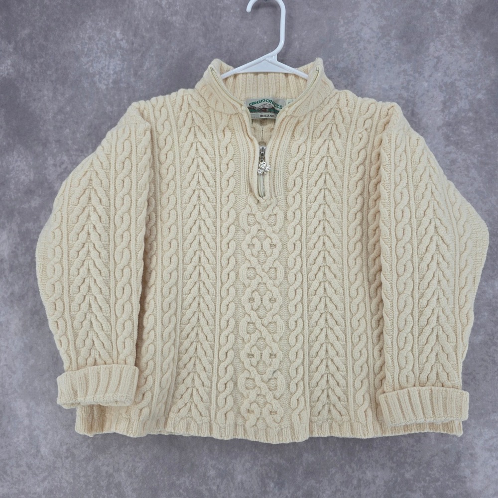 Aran Crafts Ireland Cream Merino Wool Cable Knit Quarter Zip Sweater Shamrock XL